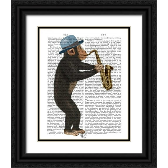 Fab Funky 15x18 Black Ornate Wood Framed with Double Matting Museum Art Print Titled - Monkey Playing Saxophone