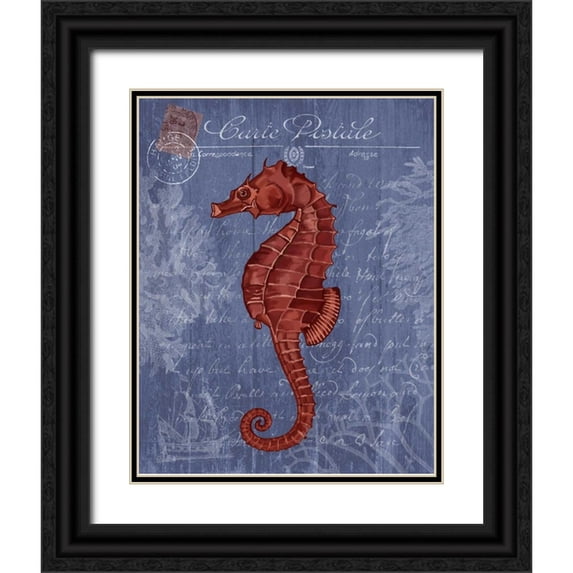 Fab Funky 15x18 Black Ornate Wood Framed with Double Matting Museum Art Print Titled - Seaside Postcard Red on Blue b