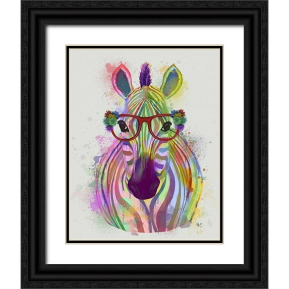 Fab Funky 15x18 Black Ornate Wood Framed with Double Matting Museum Art Print Titled - Zebra Rainbow Splash 1