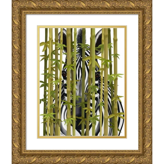 Fab Funky 15x18 Gold Ornate Wood Framed with Double Matting Museum Art Print Titled - Bamboo Zebra