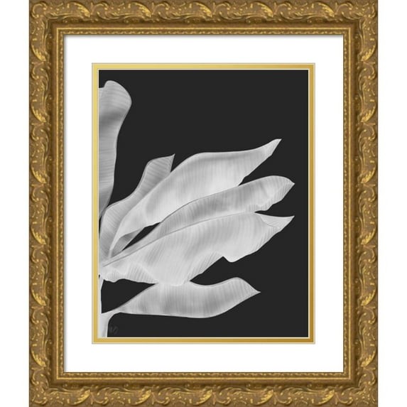 Fab Funky 15x18 Gold Ornate Wood Framed with Double Matting Museum Art Print Titled - Banana Leaves 1, White On Black