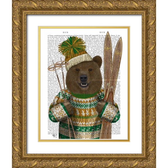 Fab Funky 15x18 Gold Ornate Wood Framed with Double Matting Museum Art Print Titled - Bear in Christmas Sweater