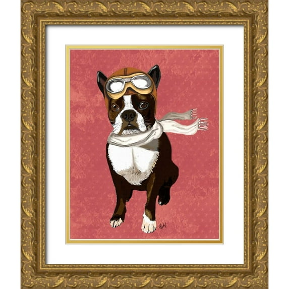 Fab Funky 15x18 Gold Ornate Wood Framed with Double Matting Museum Art Print Titled - Boston Terrier Flying Ace