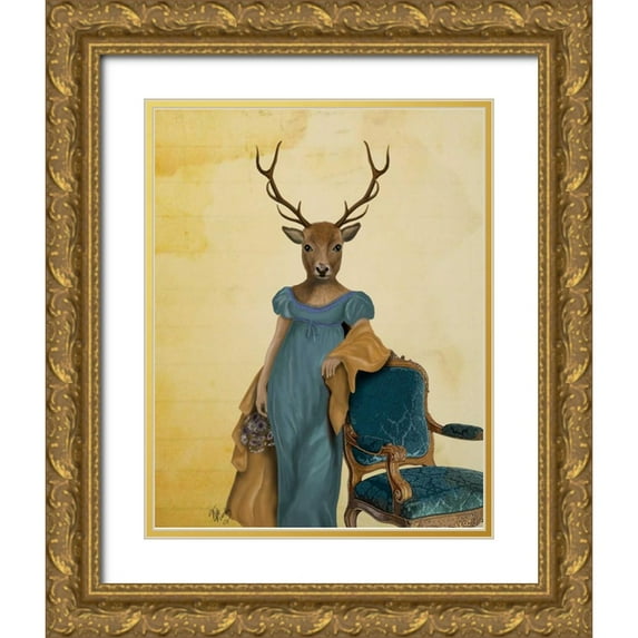 Fab Funky 15x18 Gold Ornate Wood Framed with Double Matting Museum Art Print Titled - Deer In Blue Dress