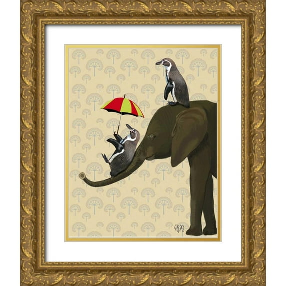 Fab Funky 15x18 Gold Ornate Wood Framed with Double Matting Museum Art Print Titled - Elephant and Penguins