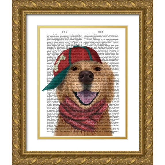 Fab Funky 15x18 Gold Ornate Wood Framed with Double Matting Museum Art Print Titled - Golden Retriever and Baseball Cap