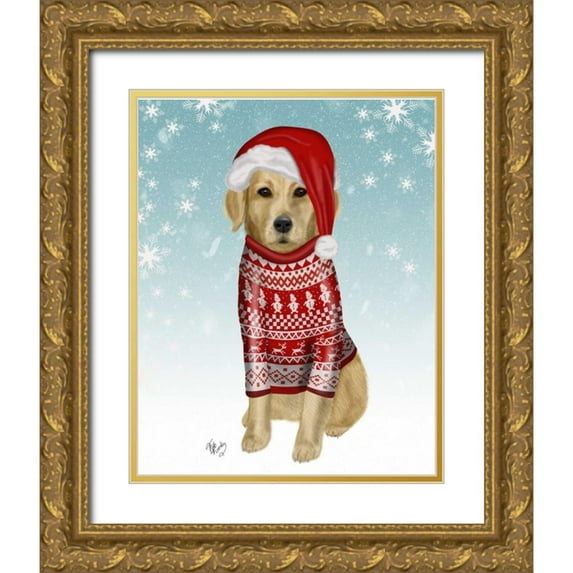 Fab Funky 15x18 Gold Ornate Wood Framed with Double Matting Museum Art Print Titled - Golden Retriever in Christmas Sweater