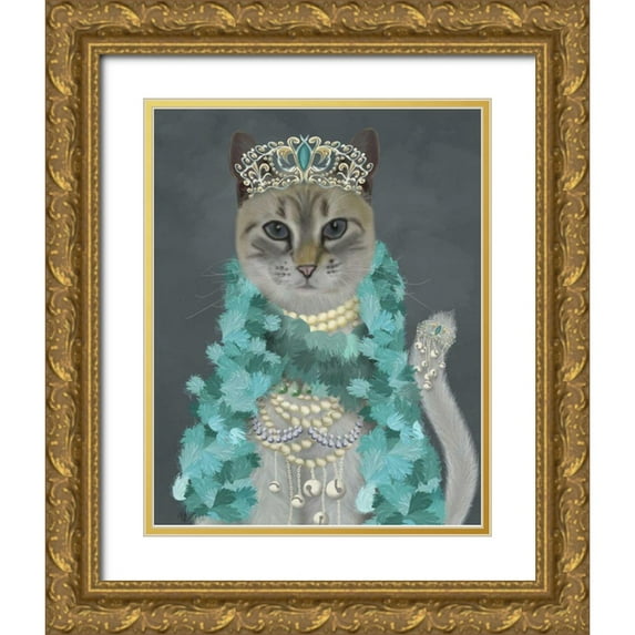 Fab Funky 15x18 Gold Ornate Wood Framed with Double Matting Museum Art Print Titled - Grey Cat With Bells, Portrait