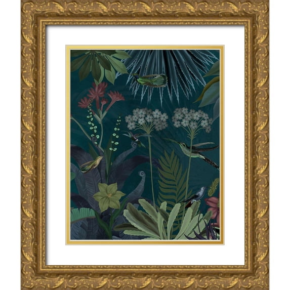 Fab Funky 15x18 Gold Ornate Wood Framed with Double Matting Museum Art Print Titled - Hummingbird Garden 2