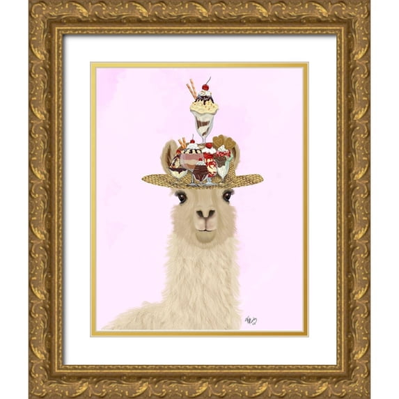 Fab Funky 15x18 Gold Ornate Wood Framed with Double Matting Museum Art Print Titled - Llama Ice Cream Hat