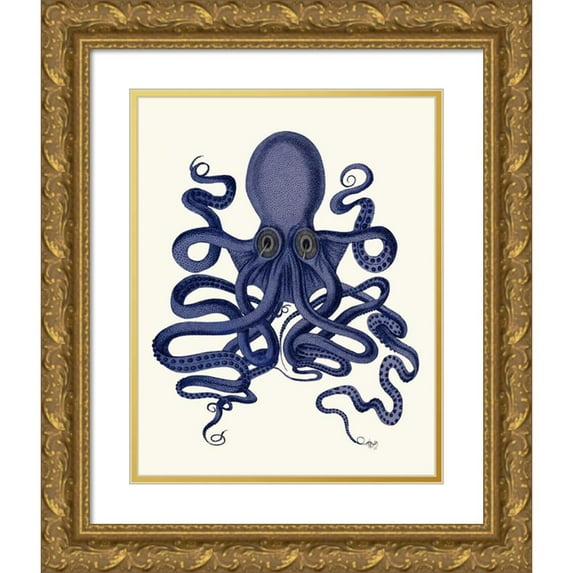Fab Funky 15x18 Gold Ornate Wood Framed with Double Matting Museum Art Print Titled - Octopus 9, Blue