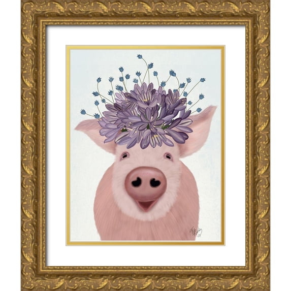 Fab Funky 15x18 Gold Ornate Wood Framed with Double Matting Museum Art Print Titled - Pig and Lilac Flowers
