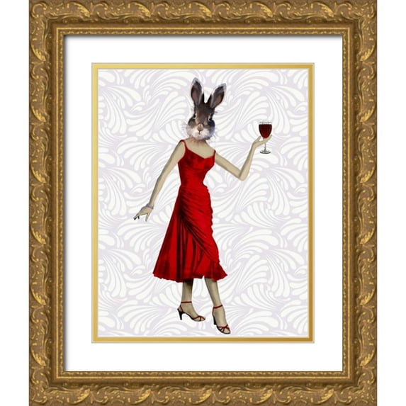 Fab Funky 15x18 Gold Ornate Wood Framed with Double Matting Museum Art Print Titled - Rabbit in Red Dress