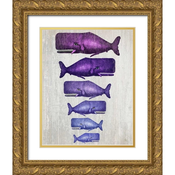 Fab Funky 15x18 Gold Ornate Wood Framed with Double Matting Museum Art Print Titled - Whale Family Purple on White