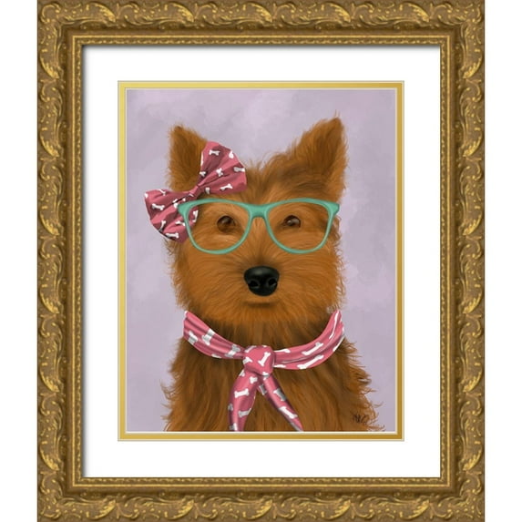 Fab Funky 15x18 Gold Ornate Wood Framed with Double Matting Museum Art Print Titled - Yorkshire Terrier with Glasses and Scarf