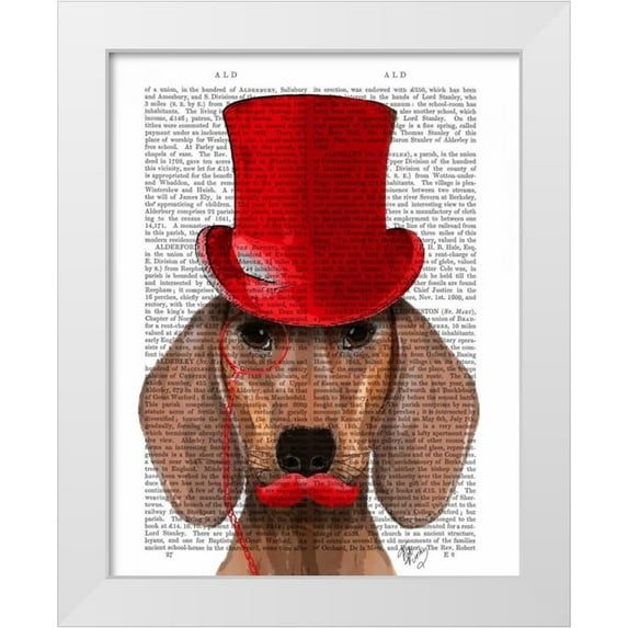 Fab Funky 15x18 White Modern Wood Framed Museum Art Print Titled - Dachshund With Red Top Hat and Moustache
