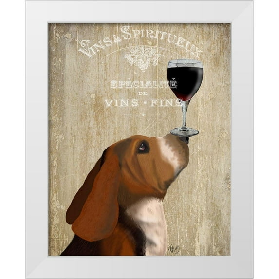 Fab Funky 15x18 White Modern Wood Framed Museum Art Print Titled - Dog Au Vin, Basset Hound