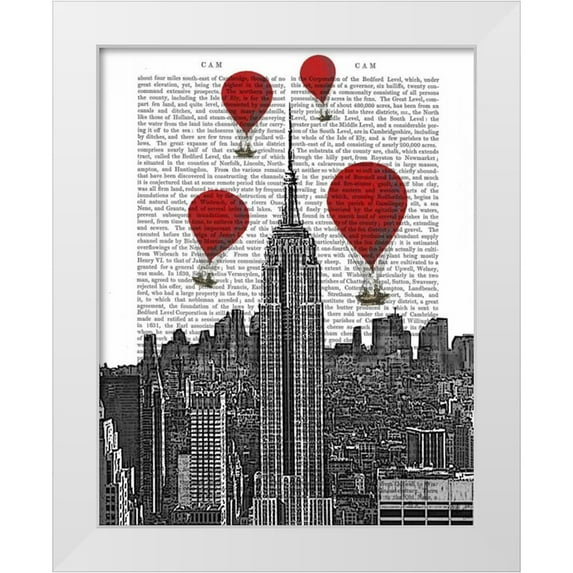 Fab Funky 15x18 White Modern Wood Framed Museum Art Print Titled - Empire State Building and Red Hot Air Balloons