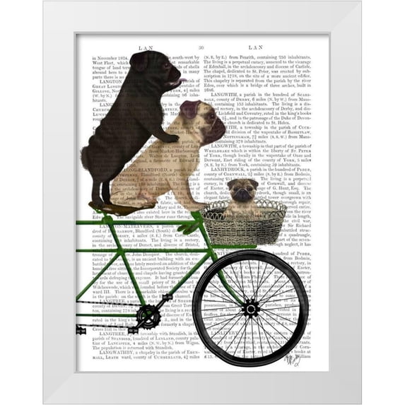 Fab Funky 15x18 White Modern Wood Framed Museum Art Print Titled - Pugs on Bicycle