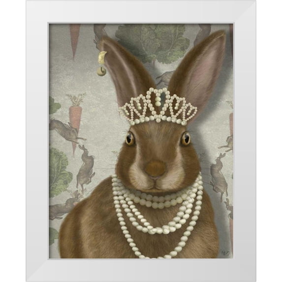 Fab Funky 15x18 White Modern Wood Framed Museum Art Print Titled - Rabbit and Pearls, Portrait