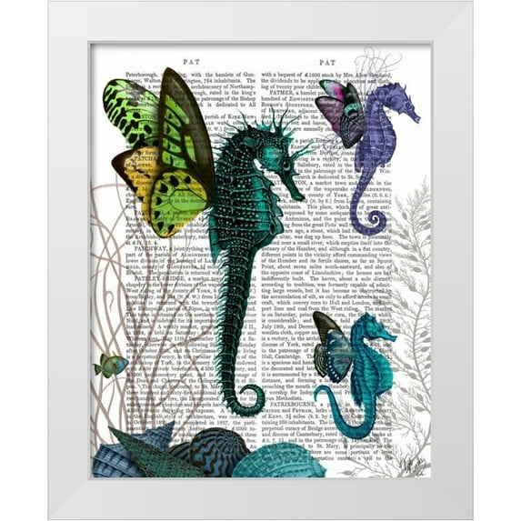 Fab Funky 15x18 White Modern Wood Framed Museum Art Print Titled - Seahorse Trio With Wings