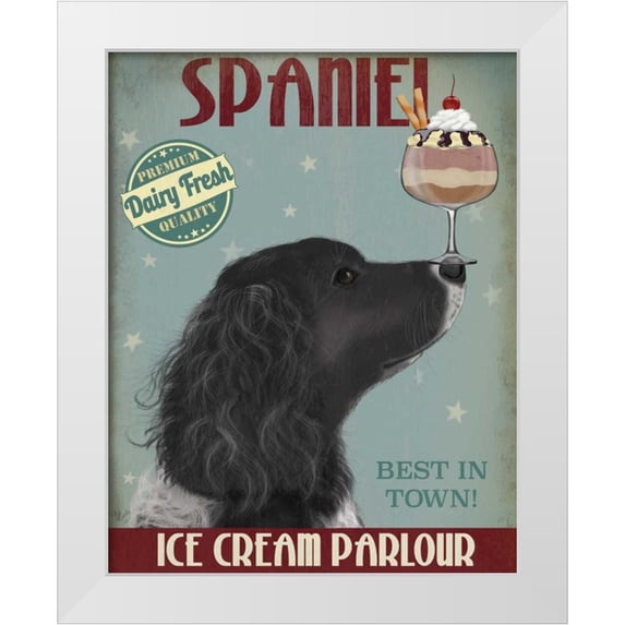 Fab Funky 15x18 White Modern Wood Framed Museum Art Print Titled - Springer Spaniel, Black, Bebe,Ice Cream