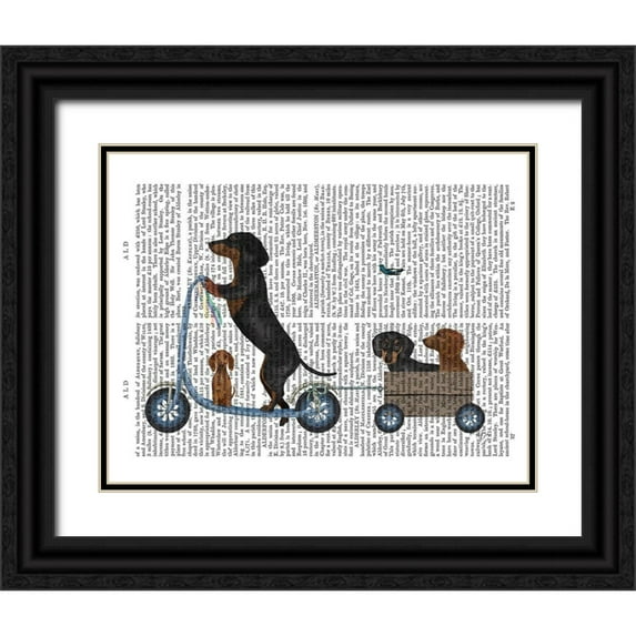 Fab Funky 18x15 Black Ornate Wood Framed with Double Matting Museum Art Print Titled - Dachshund Scooter