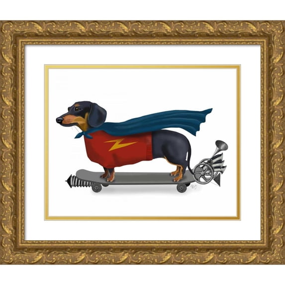 Fab Funky 18x15 Gold Ornate Wood Framed with Double Matting Museum Art Print Titled - Dachshund On Skateboard