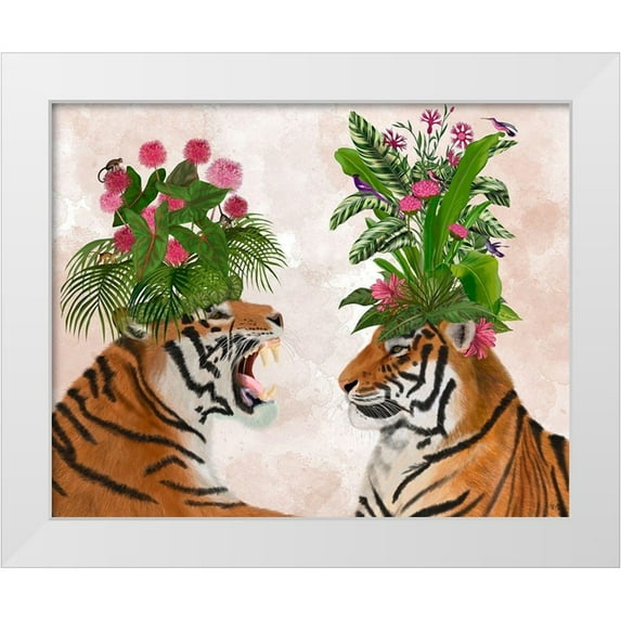 Fab Funky 18x15 White Modern Wood Framed Museum Art Print Titled - Hot House Tigers, Pair, Pink Green