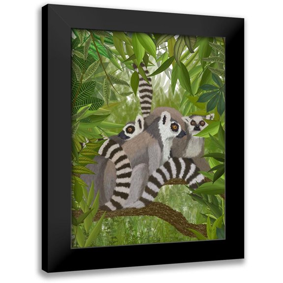 Fab Funky 19x24 Black Modern Framed Museum Art Print Titled - Lemur Family in Canopy