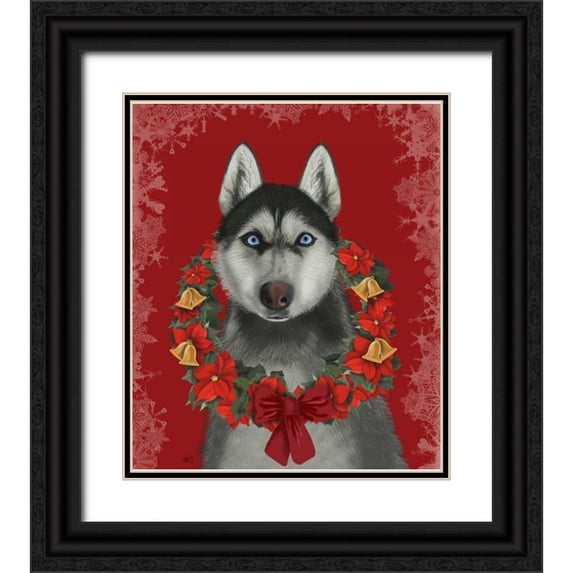 Fab Funky 20x23 Black Ornate Wood Framed with Double Matting Museum Art Print Titled - Husky and Poinsettia Wreath