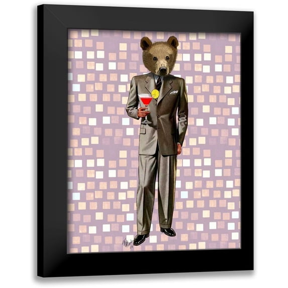 Fab Funky 20x24 Black Modern Framed Museum Art Print Titled - Bear With Cocktail