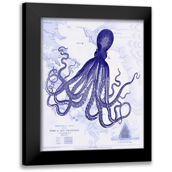 Fab Funky 20x24 Black Modern Framed Museum Art Print Titled - Blue Octopus 1 on Nautical Map