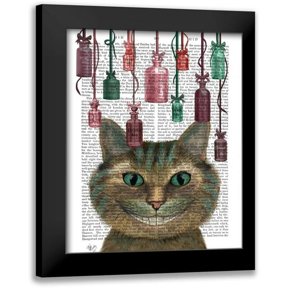 Fab Funky 20x24 Black Modern Framed Museum Art Print Titled - Cheshire Cat and Bottles