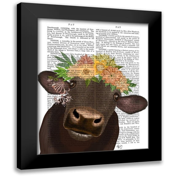 Fab Funky 20x24 Black Modern Framed Museum Art Print Titled - Cow with Flower Crown 1 Book Print
