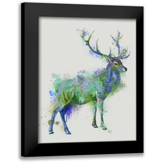 Fab Funky 20x24 Black Modern Framed Museum Art Print Titled - Deer 1 Rainbow Splash Green Blue