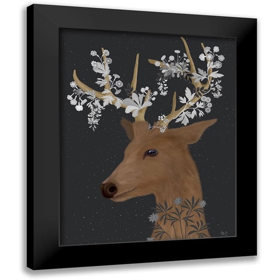 Fab Funky 20x24 Black Modern Framed Museum Art Print Titled - Deer, White Flowers