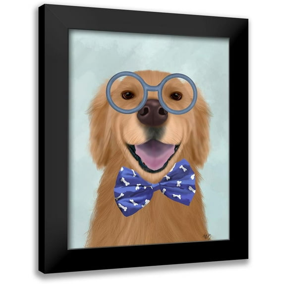 Fab Funky 20x24 Black Modern Framed Museum Art Print Titled - Golden Retriever, Glasses and Bow Tie