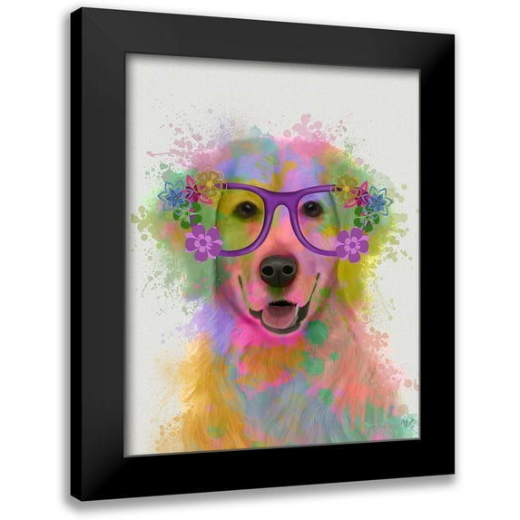Fab Funky 20x24 Black Modern Framed Museum Art Print Titled - Golden Retriever Rainbow Splash