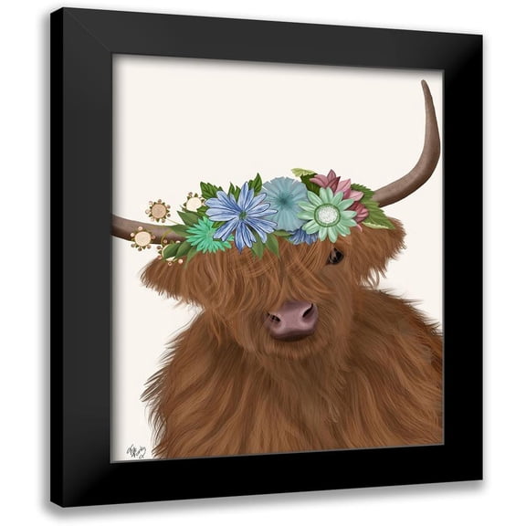 Fab Funky 20x24 Black Modern Framed Museum Art Print Titled - Highland Cow with Flower Crown 2, Portrait
