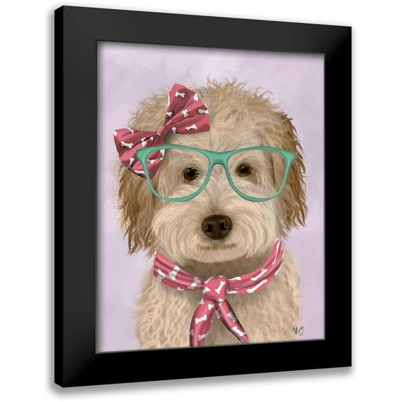 Fab Funky 20x24 Black Modern Framed Museum Art Print Titled - Labradoodle, Cream, with Glasses and Scarf