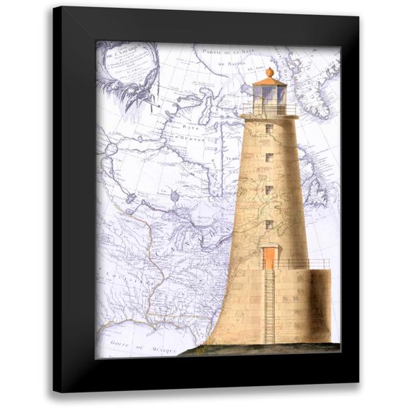 Fab Funky 20x24 Black Modern Framed Museum Art Print Titled - Lighthouse on Vintage Map Image
