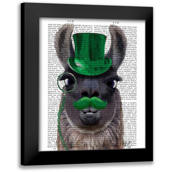 Fab Funky 20x24 Black Modern Framed Museum Art Print Titled - Llama With Green Top Hat and Moustache