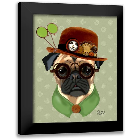 Fab Funky 20x24 Black Modern Framed Museum Art Print Titled - Pug With Steampunk Bowler Hat