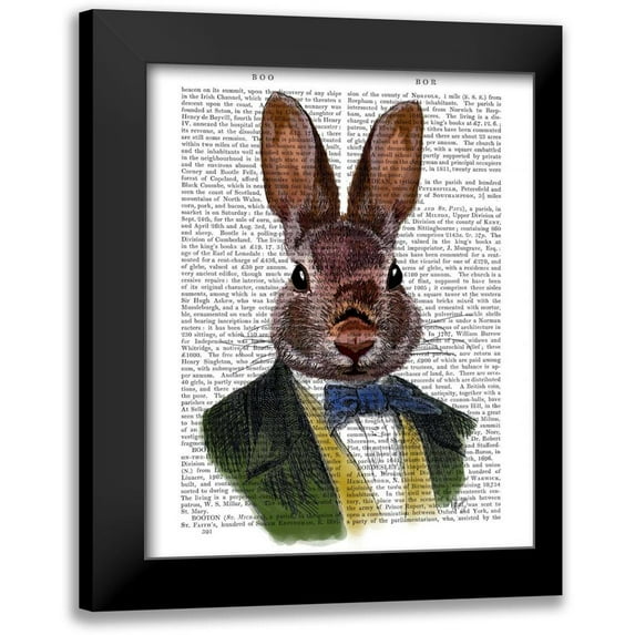 Fab Funky 20x24 Black Modern Framed Museum Art Print Titled - Rabbit in Green Jacket