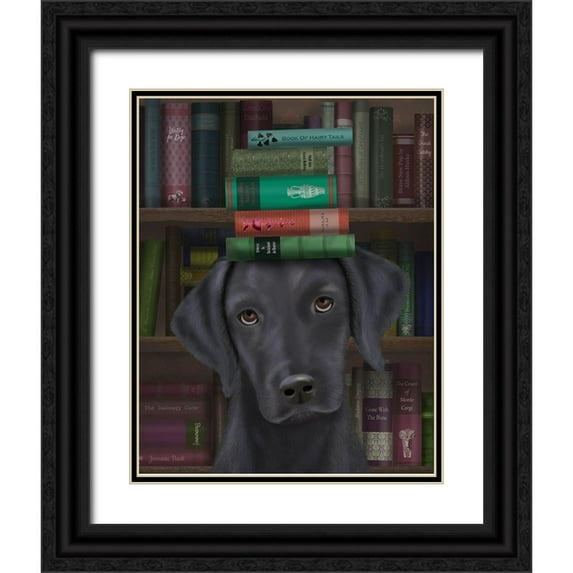 Fab Funky 20x24 Black Ornate Wood Framed with Double Matting Museum Art Print Titled - Black Labrador and Books