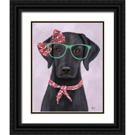 Fab Funky 20x24 Black Ornate Wood Framed with Double Matting Museum Art Print Titled - Black Labrador with Glasses and Scarf