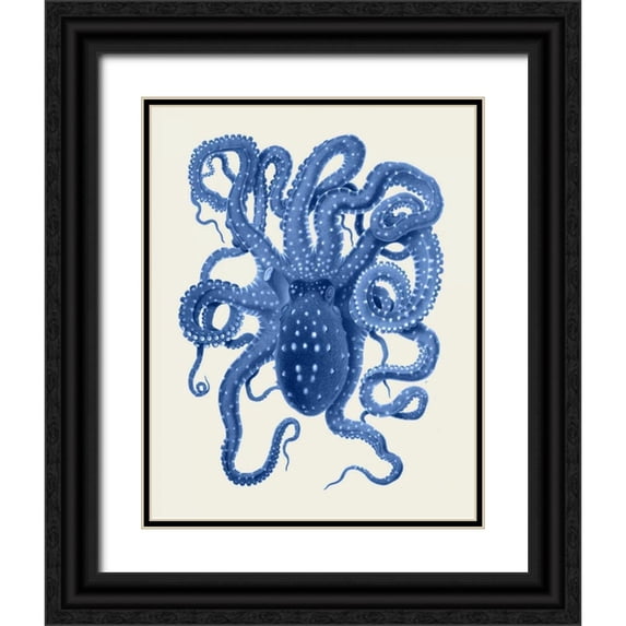 Fab Funky 20x24 Black Ornate Wood Framed with Double Matting Museum Art Print Titled - Blue Octopus on Cream a