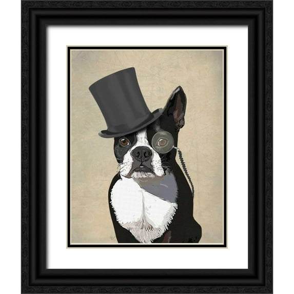 Fab Funky 20x24 Black Ornate Wood Framed with Double Matting Museum Art Print Titled - Boston Terrier, Formal Hound and Hat