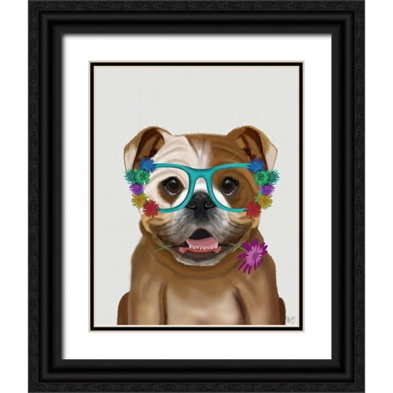 Fab Funky 20x24 Black Ornate Wood Framed with Double Matting Museum Art Print Titled - English Bulldog and Flower Glasses